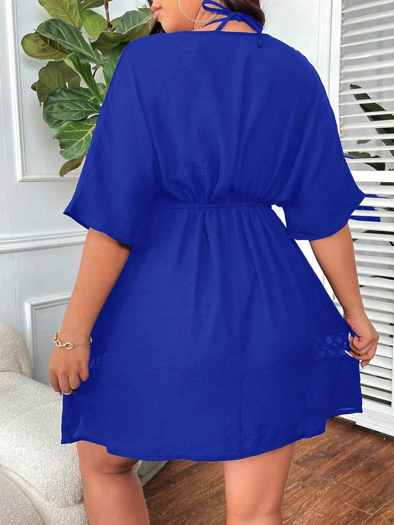 Swim Lushoire Plus Size Solid Color Deep V-Neck Hollow Half Sleeve Cover Up Dress Summer
