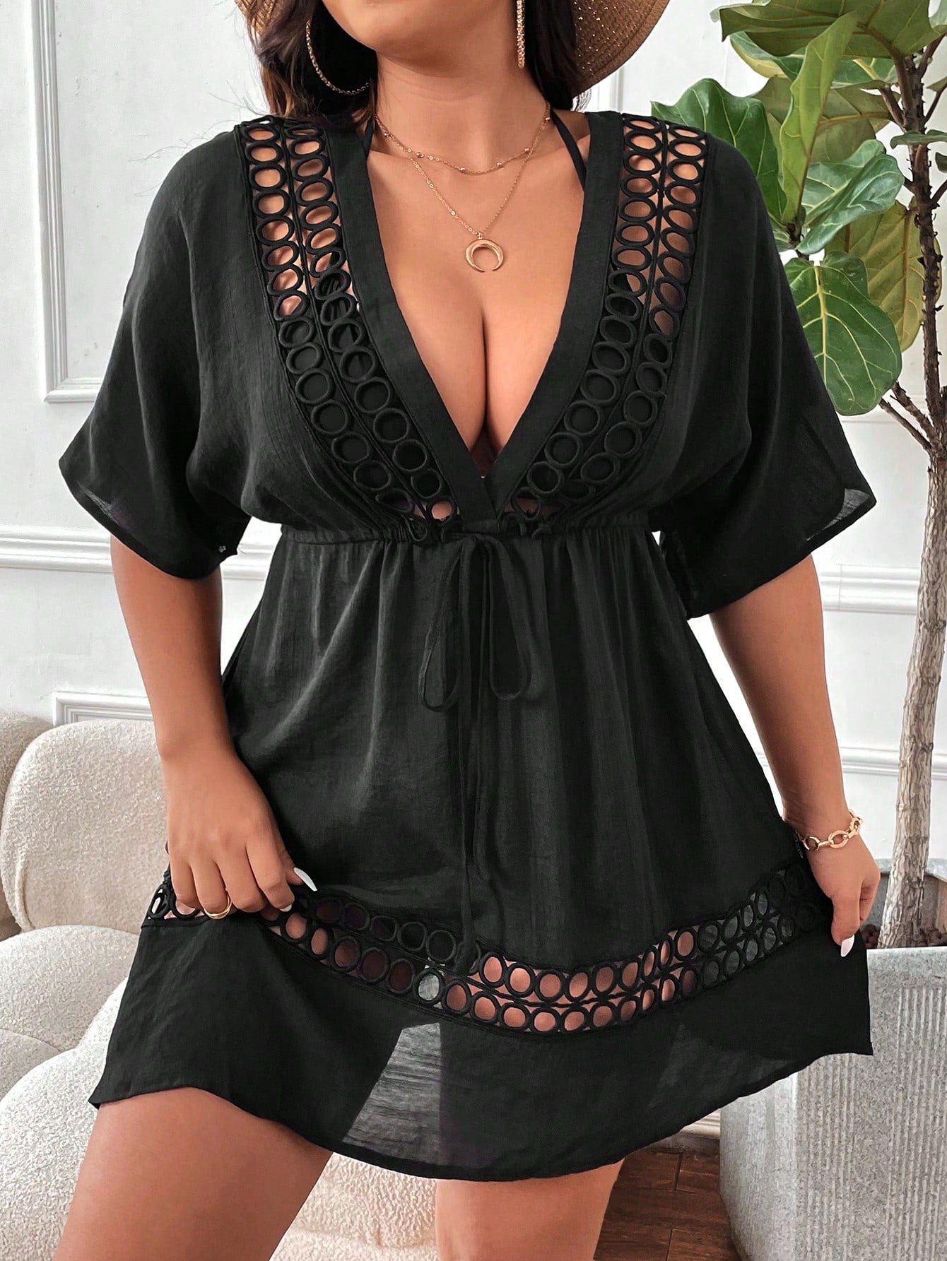 Swim Lushoire Plus Size Solid Color Deep V-Neck Hollow Half Sleeve Cover Up Dress Summer