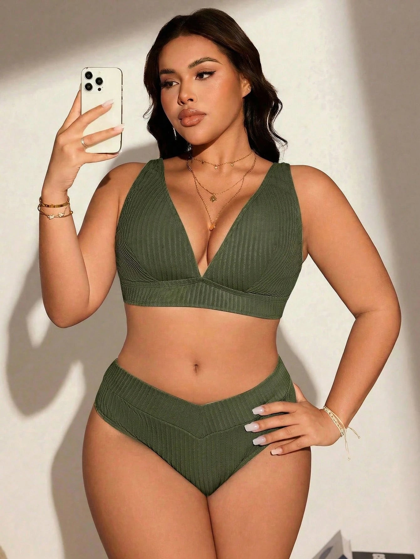 Swim Lushoire Plus Size Solid Color Textured Fabric Beach Swimwear Set