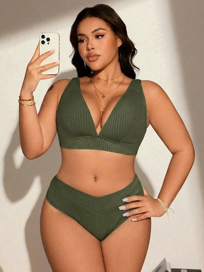 Swim Lushoire Plus Size Solid Color Textured Fabric Beach Swimwear Set