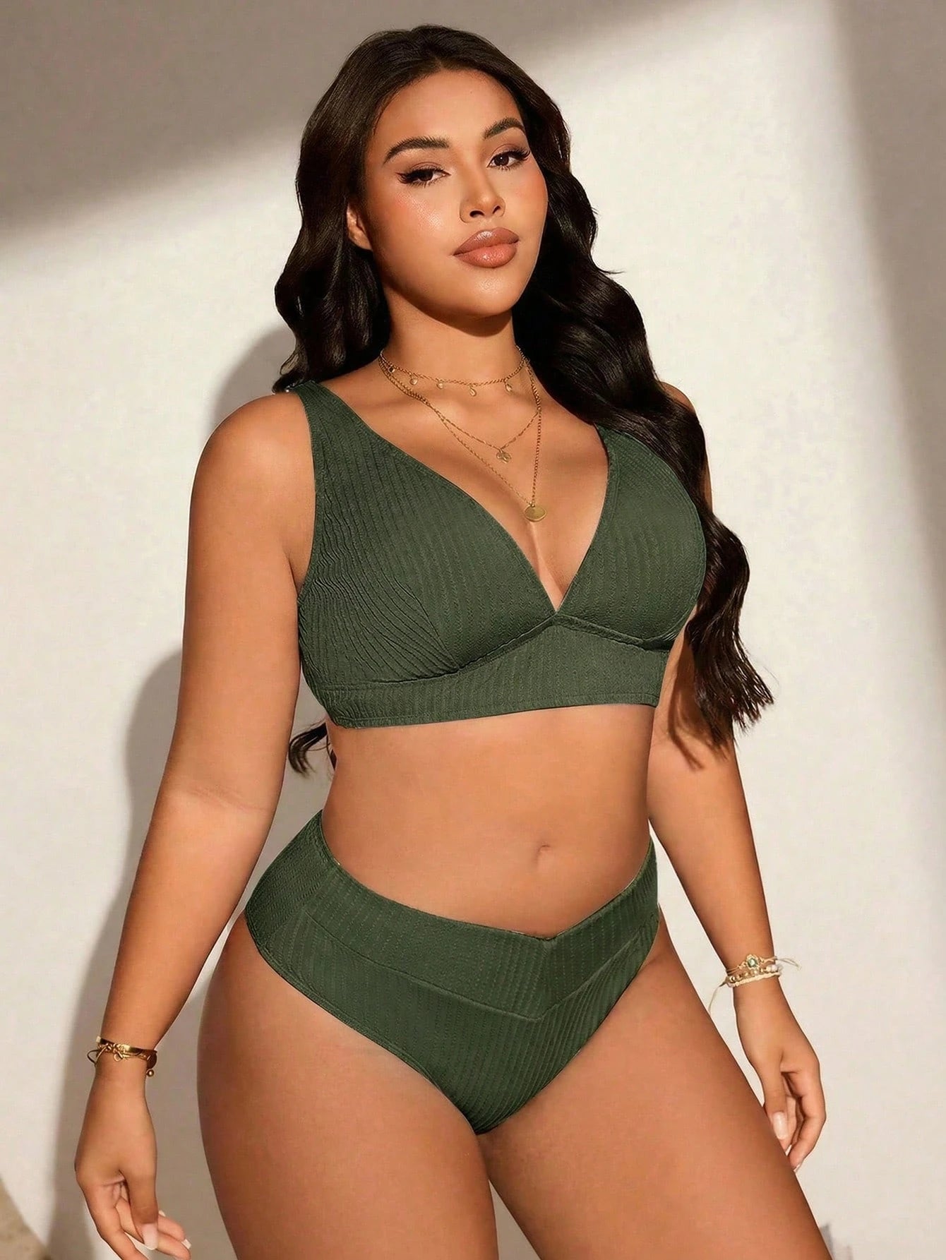 Swim Lushoire Plus Size Solid Color Textured Fabric Beach Swimwear Set