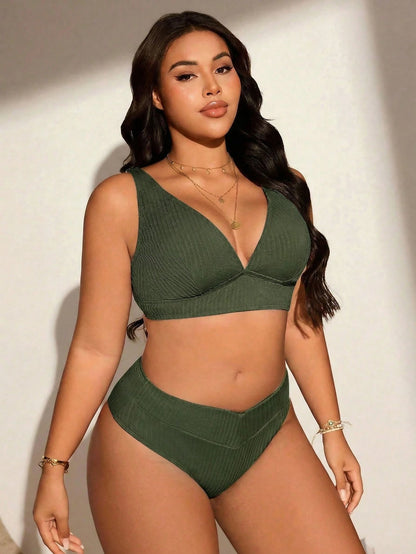 Swim Lushoire Plus Size Solid Color Textured Fabric Beach Swimwear Set