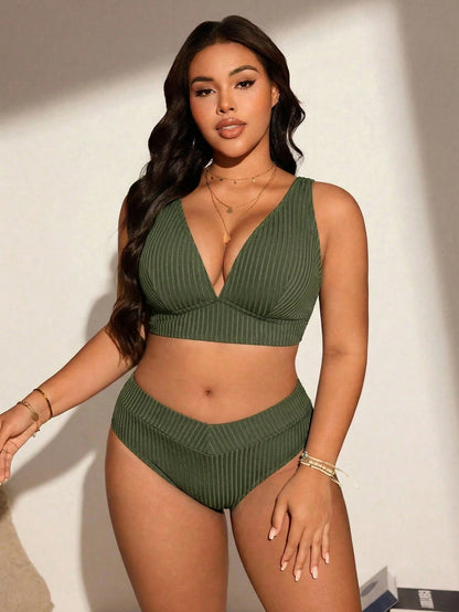 Swim Lushoire Plus Size Solid Color Textured Fabric Beach Swimwear Set