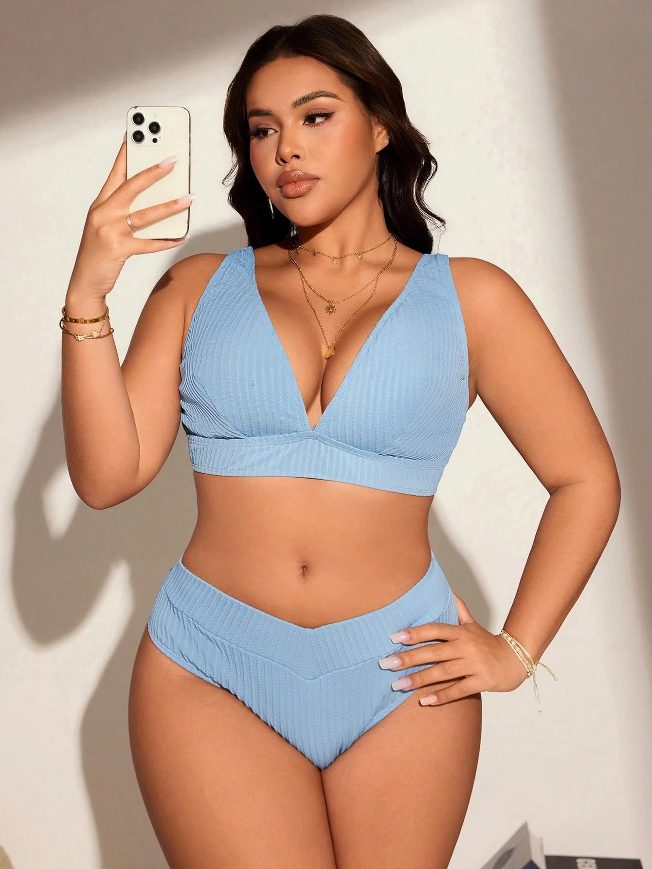 Swim Lushoire Plus Size Solid Color Textured Fabric Beach Swimwear Set