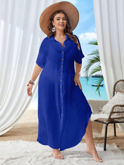 Swim Lushoire Plus Size Summer Casual Vacation Front Button Sheer Short Sleeve Kimono