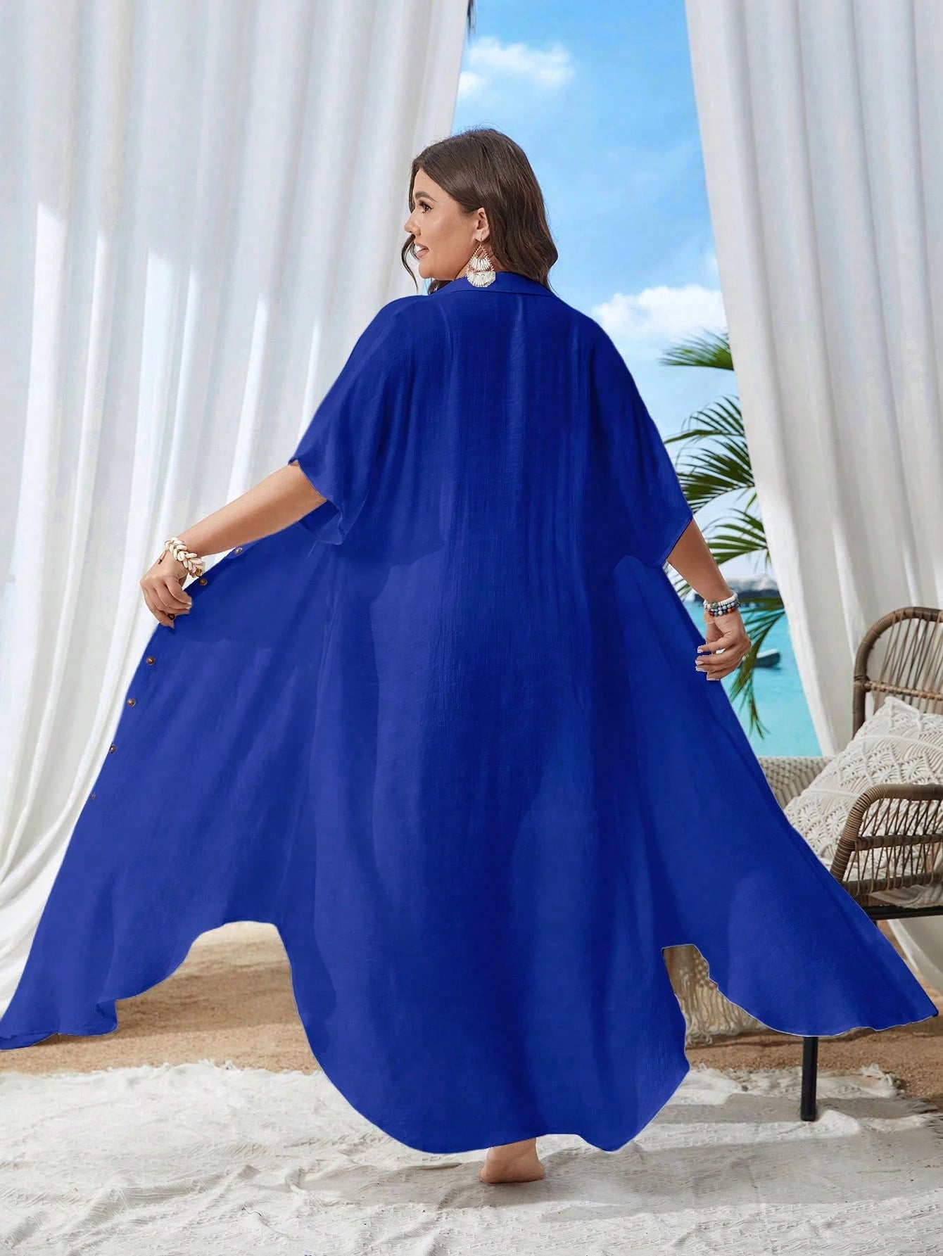 Swim Lushoire Plus Size Summer Casual Vacation Front Button Sheer Short Sleeve Kimono