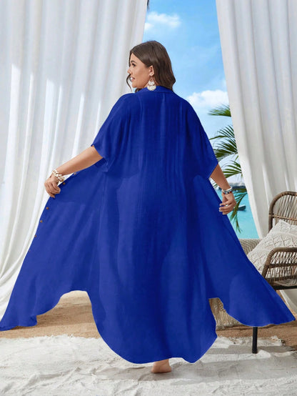 Swim Lushoire Plus Size Summer Casual Vacation Front Button Sheer Short Sleeve Kimono