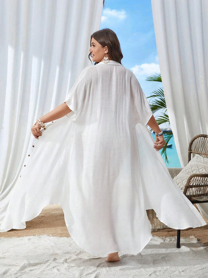 Swim Lushoire Plus Size Summer Casual Vacation Front Button Sheer Short Sleeve Kimono