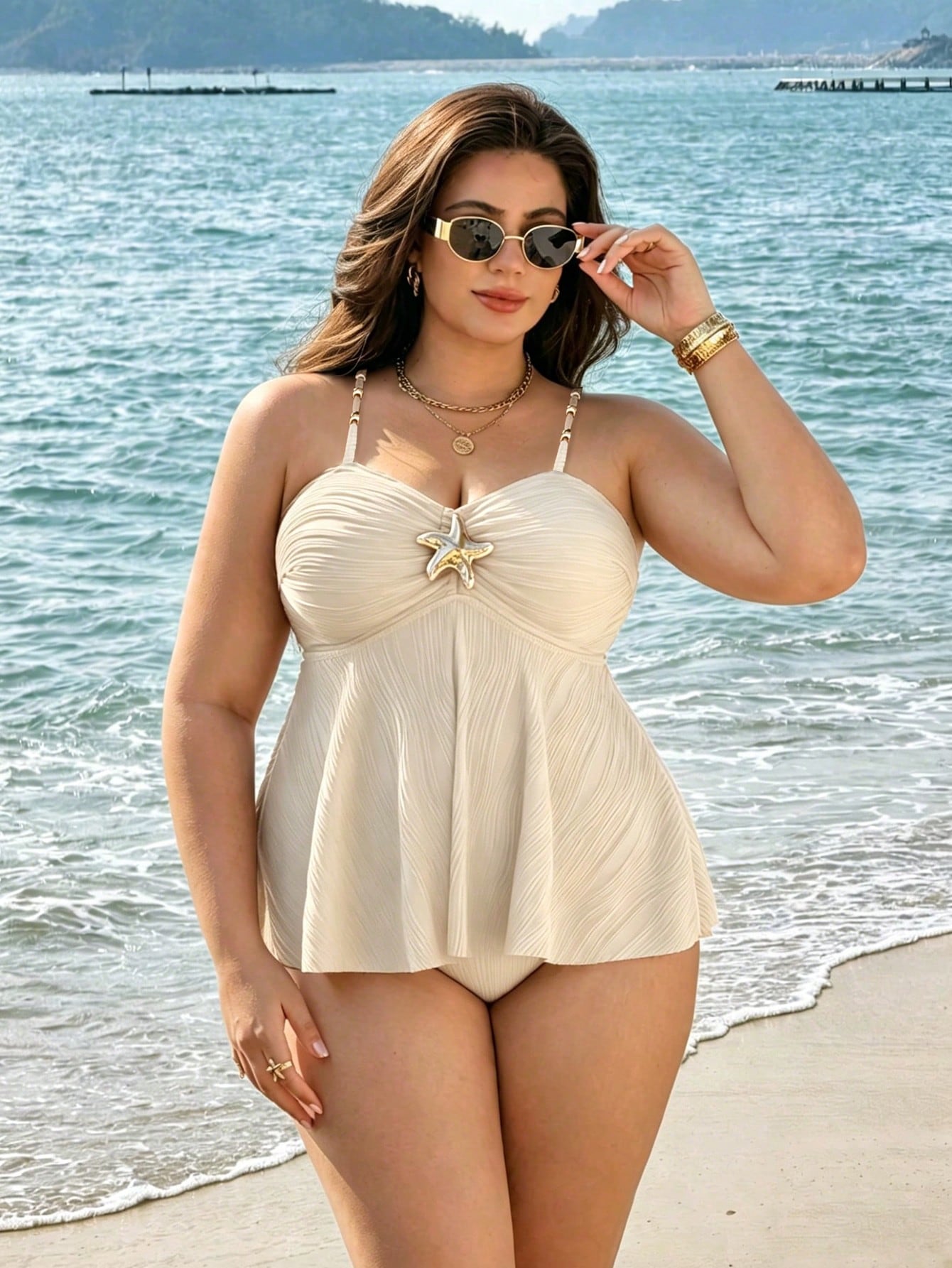 Swim Lushoire Plus Size Tank Style Bikini With Sea Wave Special Fabric, European And American Mature Minimalist Swimsuit Beach Vacation Beige Summer