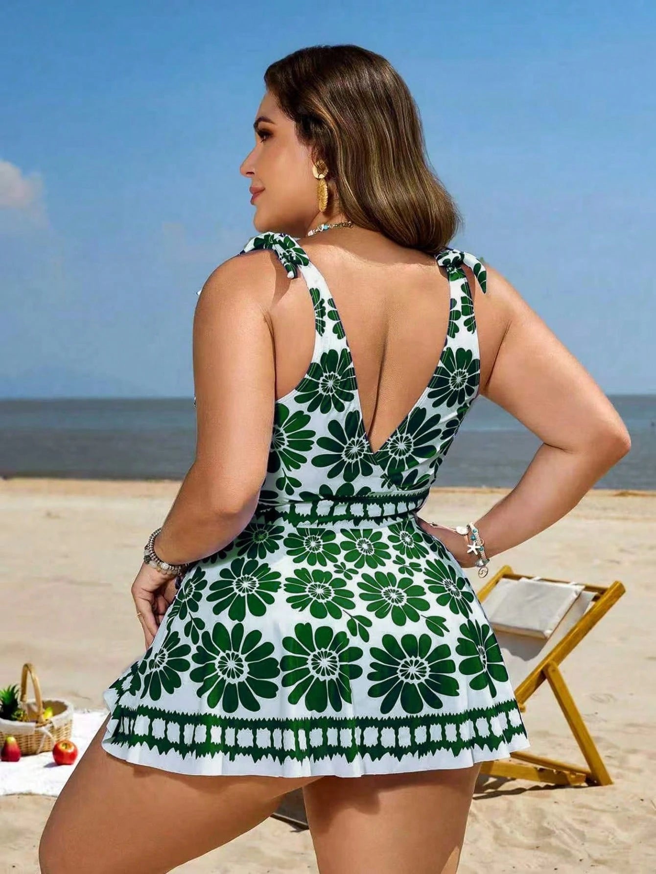 Swim Lushoire Plus Size Women 2 Pieces Floral Print Bikini Set,White,Summer,Boho,Bachelorette Party,Beach,Holiday Halter Neck Tankini Top&High Waist Loose Bottoms