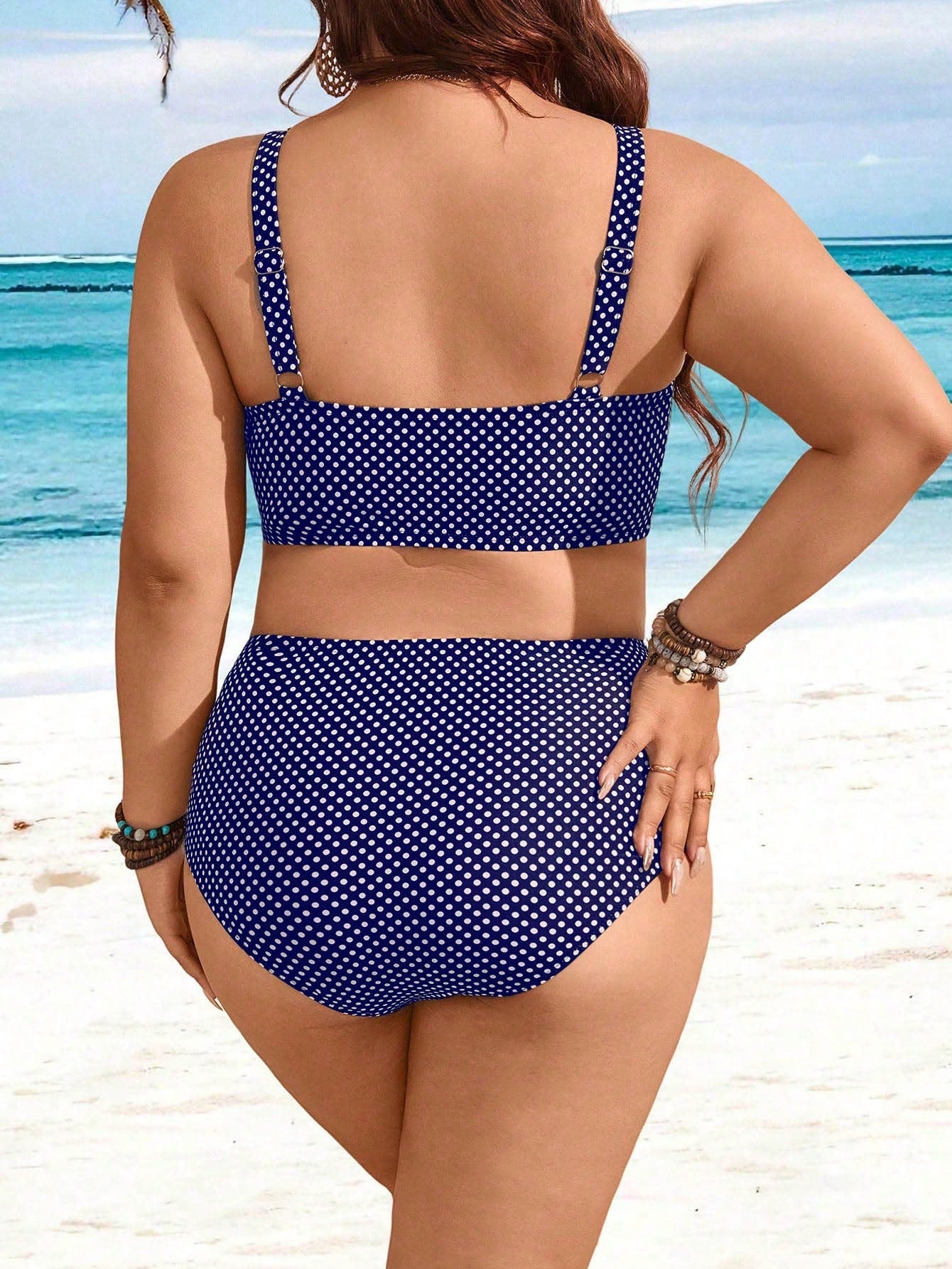 Swim Lushoire Plus Size Women 2pcs Printed Thick Strap Twist Knot Top & High Waist Bikini Bottom Swimsuit Set, For Holiday For Summer Beach Vacation