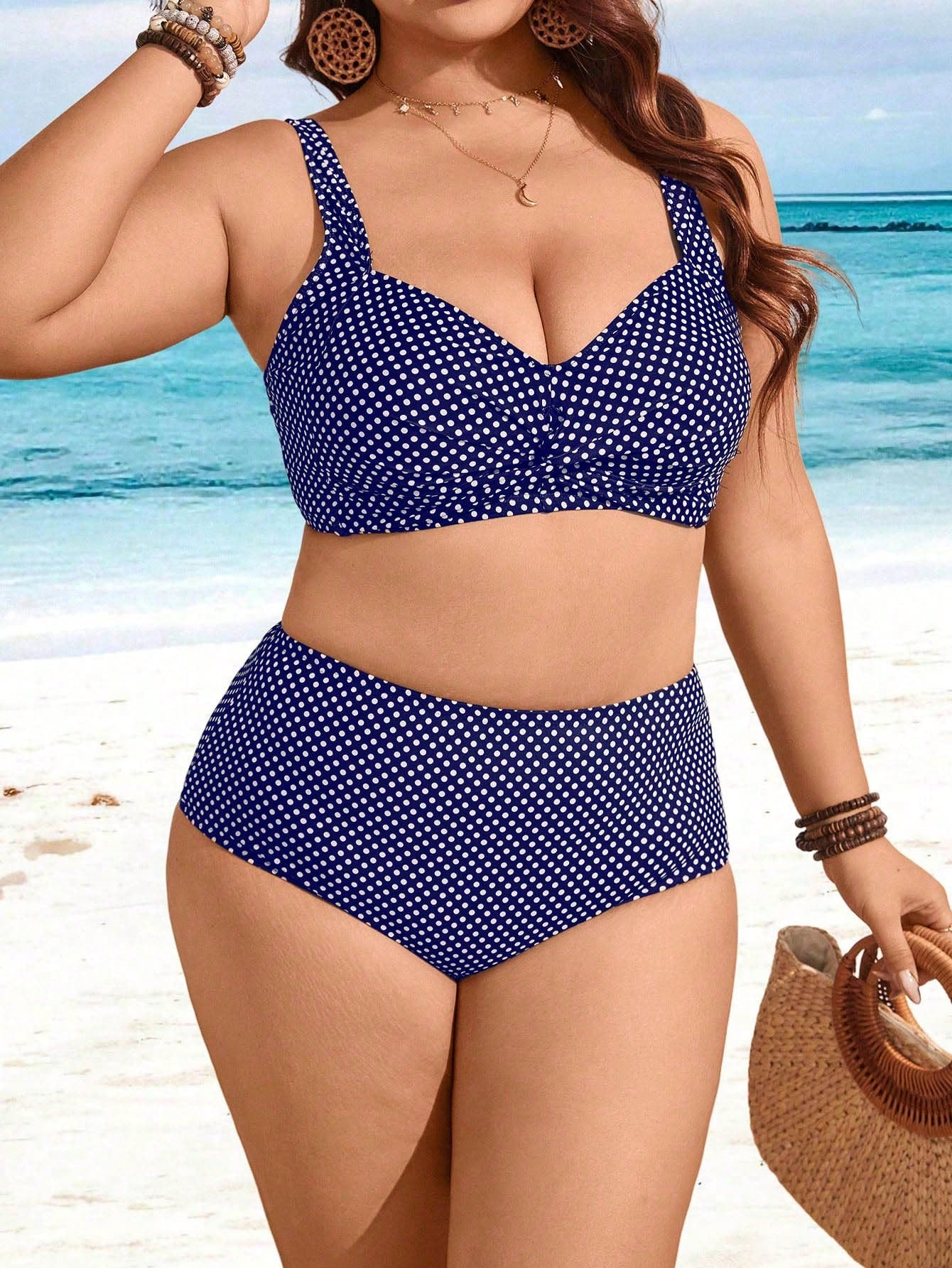 Swim Lushoire Plus Size Women 2pcs Printed Thick Strap Twist Knot Top & High Waist Bikini Bottom Swimsuit Set, For Holiday For Summer Beach Vacation