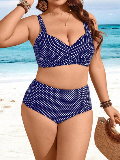 Swim Lushoire Plus Size Women 2pcs Printed Thick Strap Twist Knot Top & High Waist Bikini Bottom Swimsuit Set, For Holiday For Summer Beach Vacation