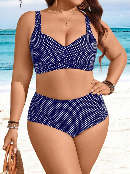 Swim Lushoire Plus Size Women 2pcs Printed Thick Strap Twist Knot Top & High Waist Bikini Bottom Swimsuit Set, For Holiday For Summer Beach Vacation