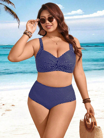 Swim Lushoire Plus Size Women 2pcs Printed Thick Strap Twist Knot Top & High Waist Bikini Bottom Swimsuit Set, For Holiday For Summer Beach Vacation