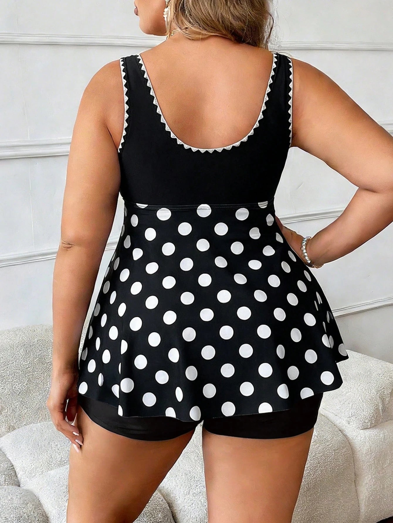 Swim Lushoire Plus Size Women 2pcs Ruffled Drawstring Black & White Polka Dot Tankini Swimwear With High Waist Shorts Set, Beach Holiday