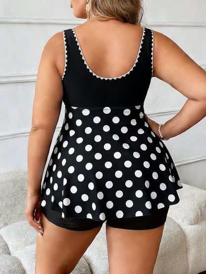 Swim Lushoire Plus Size Women 2pcs Ruffled Drawstring Black & White Polka Dot Tankini Swimwear With High Waist Shorts Set, Beach Holiday