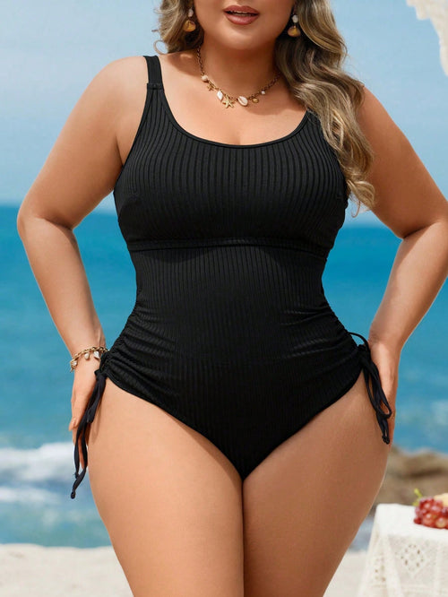 Swim Lushoire Plus Size Women Black Basique One-Piece Swimsuit,Tummy Control Side Drawstring Removable Padding Adjustable Strap, Summer Beach Holiday Swimwear