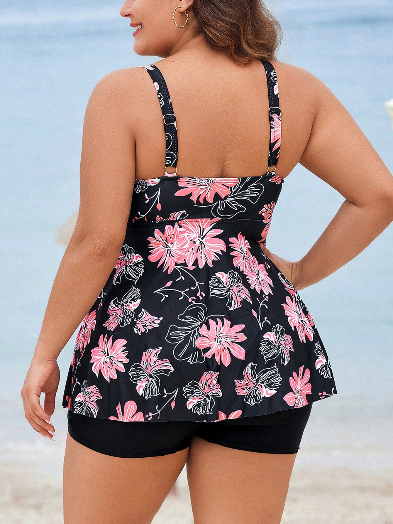 Swim Lushoire Plus Size Women Floral Print Beach Vacation Casual Strap Swimdress Summer