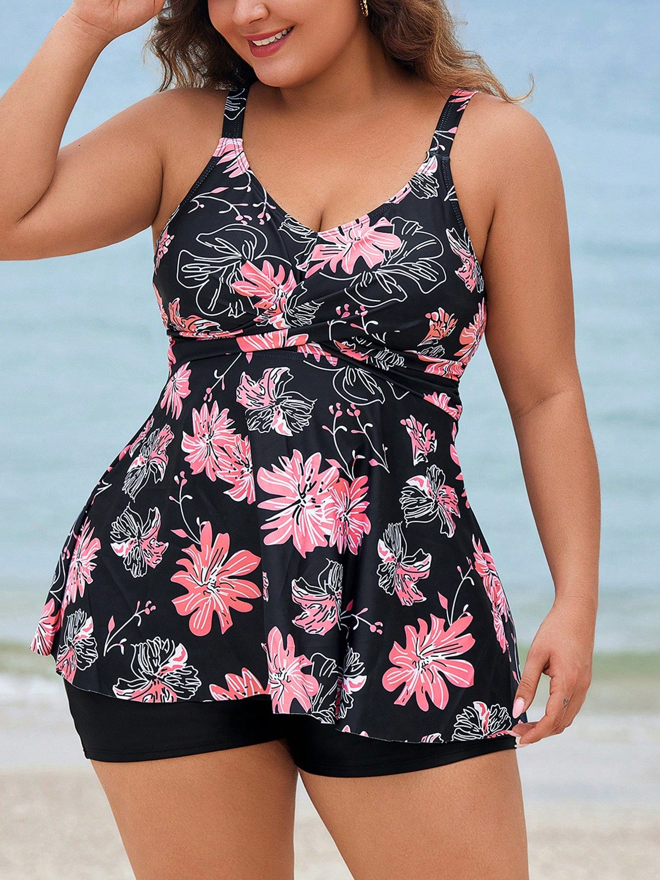 Swim Lushoire Plus Size Women Floral Print Beach Vacation Casual Strap Swimdress Summer