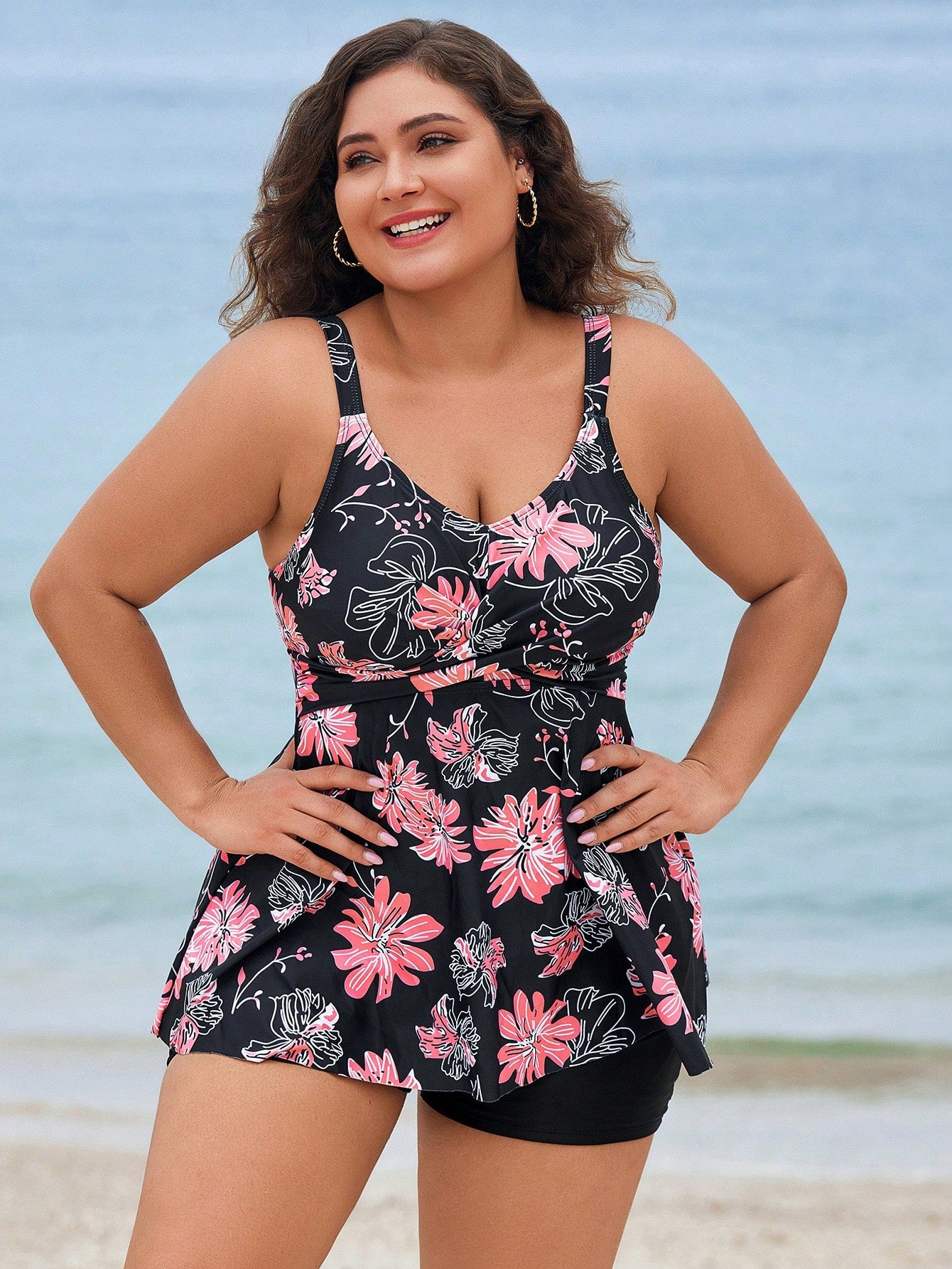 Swim Lushoire Plus Size Women Floral Print Beach Vacation Casual Strap Swimdress Summer