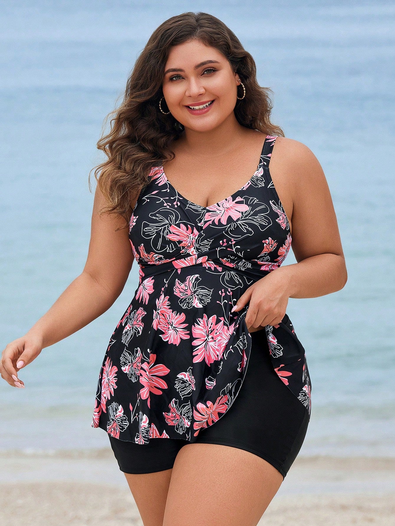 Swim Lushoire Plus Size Women Floral Print Beach Vacation Casual Strap Swimdress Summer