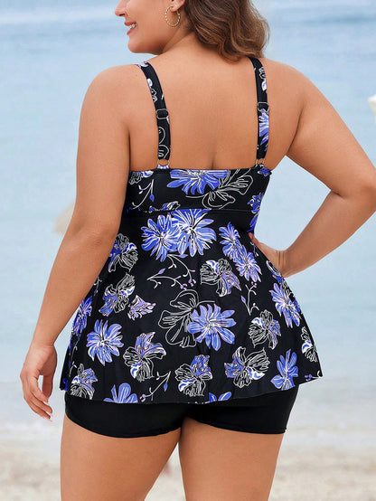 Swim Lushoire Plus Size Women Floral Print Beach Vacation Casual Strap Swimdress Summer
