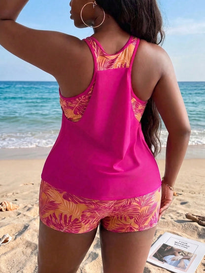 Swim Lushoire Plus Size Women Patchwork Ruched Tankini Top And Shorts Swimwear Set, Suitable For Summer Vacation Beach Carribean Gym Maroon Orange Tropical Safari