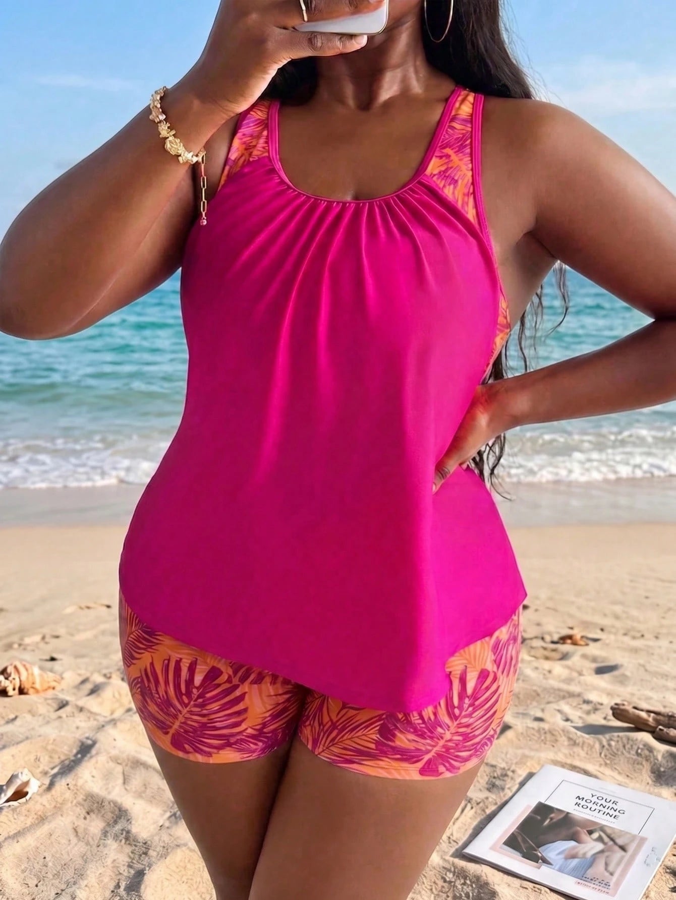 Swim Lushoire Plus Size Women Patchwork Ruched Tankini Top And Shorts Swimwear Set, Suitable For Summer Vacation Beach Carribean Gym Maroon Orange Tropical Safari