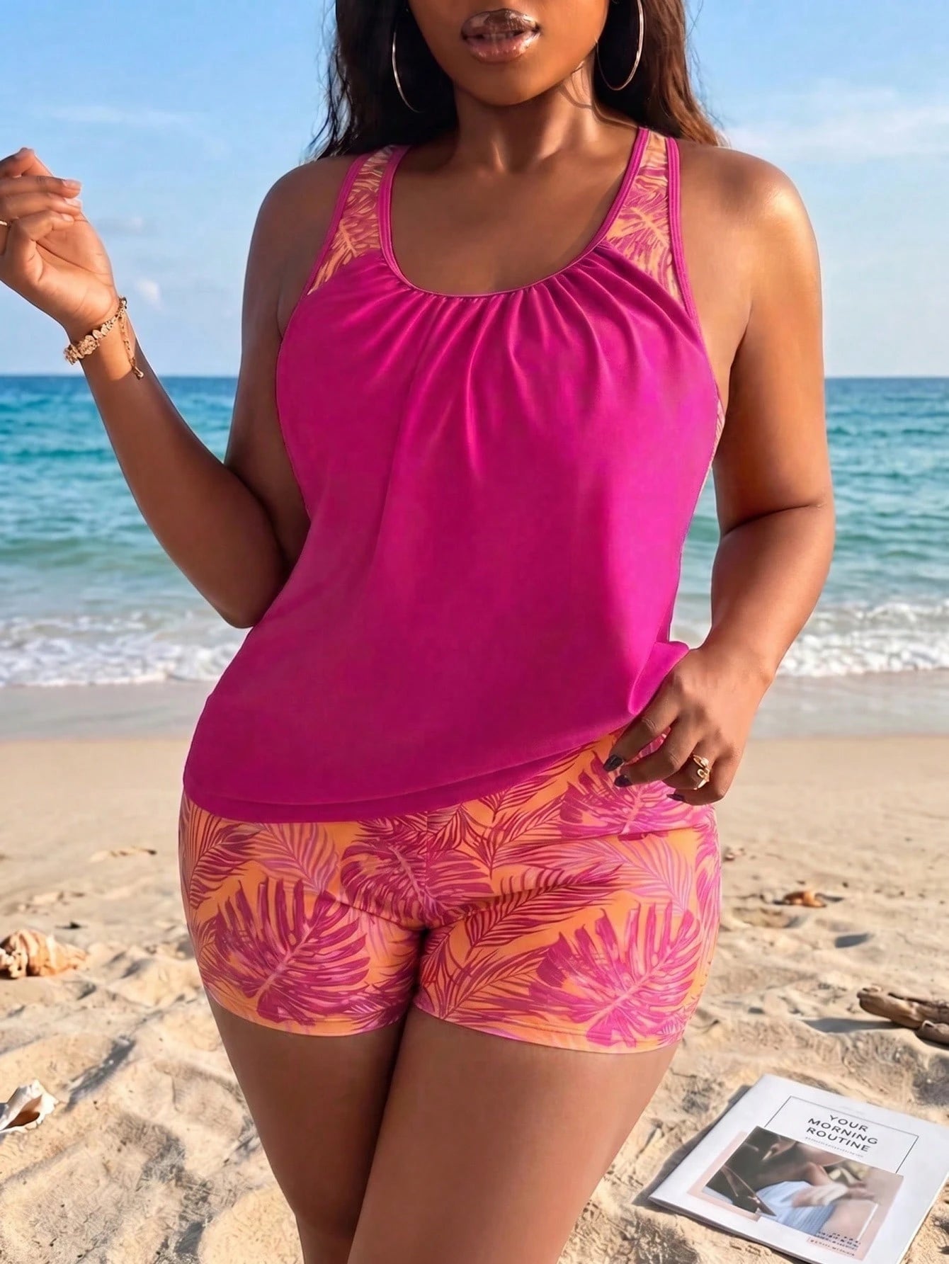 Swim Lushoire Plus Size Women Patchwork Ruched Tankini Top And Shorts Swimwear Set, Suitable For Summer Vacation Beach Carribean Gym Maroon Orange Tropical Safari