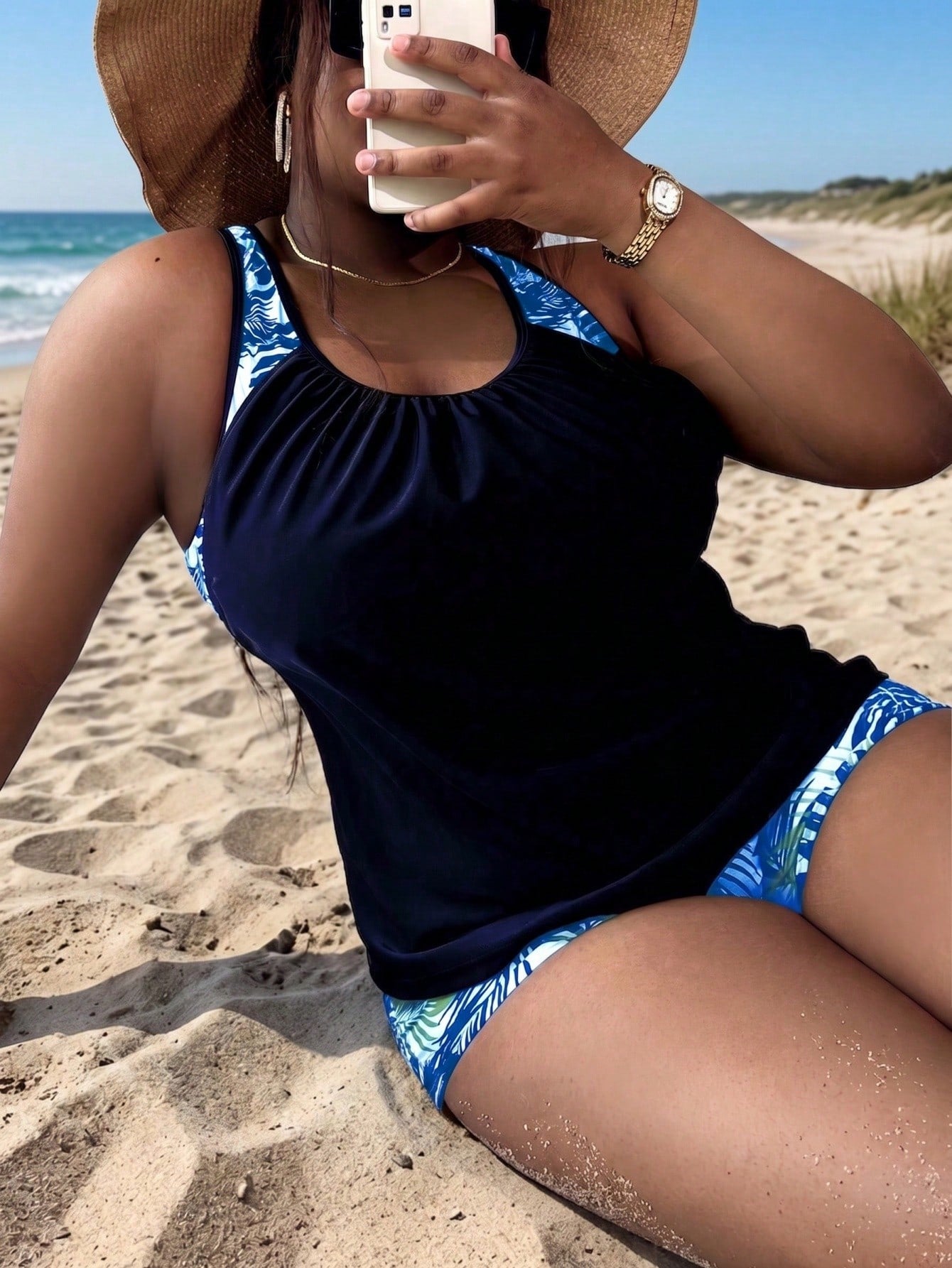 Swim Lushoire Plus Size Women Patchwork Ruched Tankini Top And Shorts Swimwear Set, Suitable For Summer Vacation Beach Carribean Gym Maroon Orange Tropical Safari