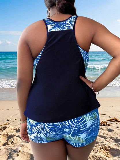 Swim Lushoire Plus Size Women Patchwork Ruched Tankini Top And Shorts Swimwear Set, Suitable For Summer Vacation Beach Carribean Gym Maroon Orange Tropical Safari