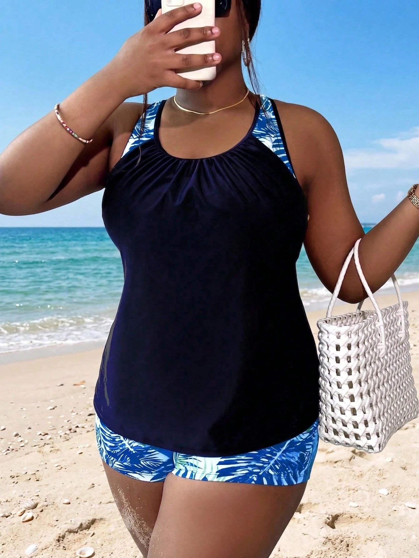 Swim Lushoire Plus Size Women Patchwork Ruched Tankini Top And Shorts Swimwear Set, Suitable For Summer Vacation Beach Carribean Gym Maroon Orange Tropical Safari