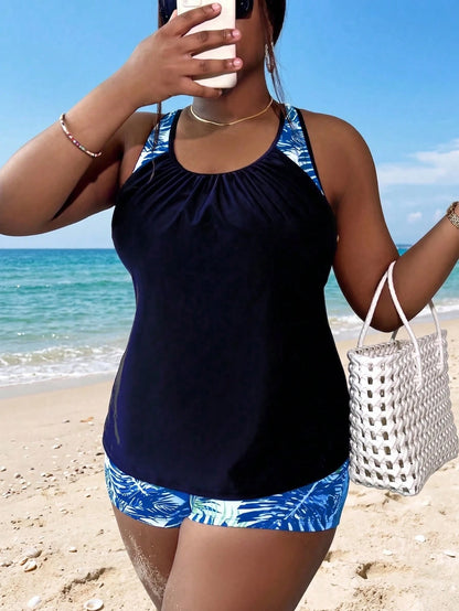Swim Lushoire Plus Size Women Patchwork Ruched Tankini Top And Shorts Swimwear Set, Suitable For Summer Vacation Beach Carribean Gym Maroon Orange Tropical Safari