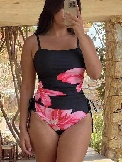 Swim Lushoire Plus Size Women's 2-Piece Random Print Elegant Casual Tank Style Swimsuit