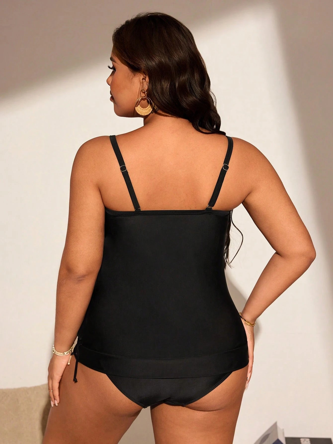 Swim Lushoire Plus Size Women's 2pcs Black Spaghetti Strap Tankini Swimsuit Set With Tummy Control, Minimalist & Casual For Summer Beach Vacation