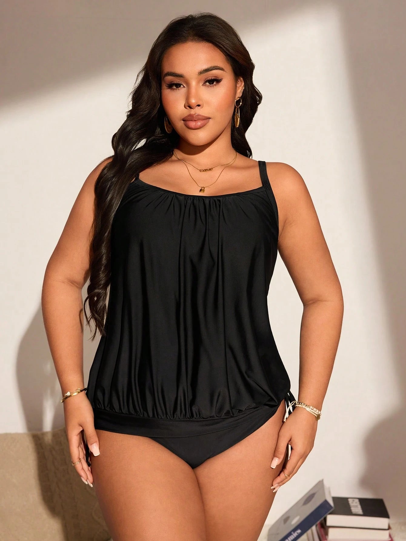 Swim Lushoire Plus Size Women's 2pcs Black Spaghetti Strap Tankini Swimsuit Set With Tummy Control, Minimalist & Casual For Summer Beach Vacation