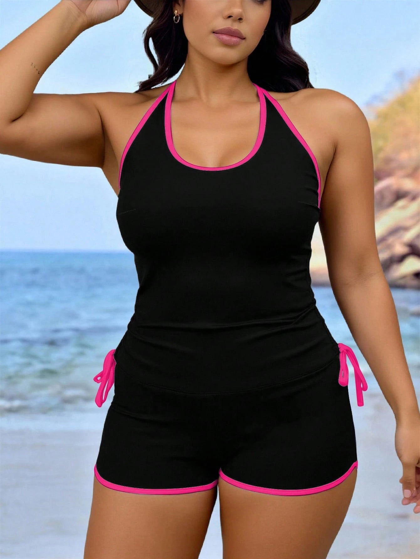 Swim Lushoire Plus Size Women's Cerise Pink Bikini Set,Comfy Summer Beach Holiday Contrast Color Round Neck Criss-Cross Back Drawstring Sleeveless Top&Shorts Set