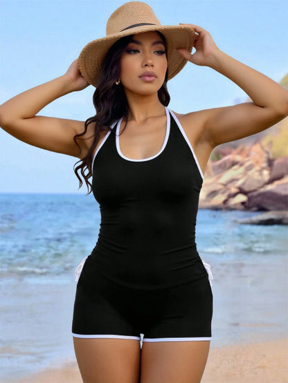 Swim Lushoire Plus Size Women's Cerise Pink Bikini Set,Comfy Summer Beach Holiday Contrast Color Round Neck Criss-Cross Back Drawstring Sleeveless Top&Shorts Set