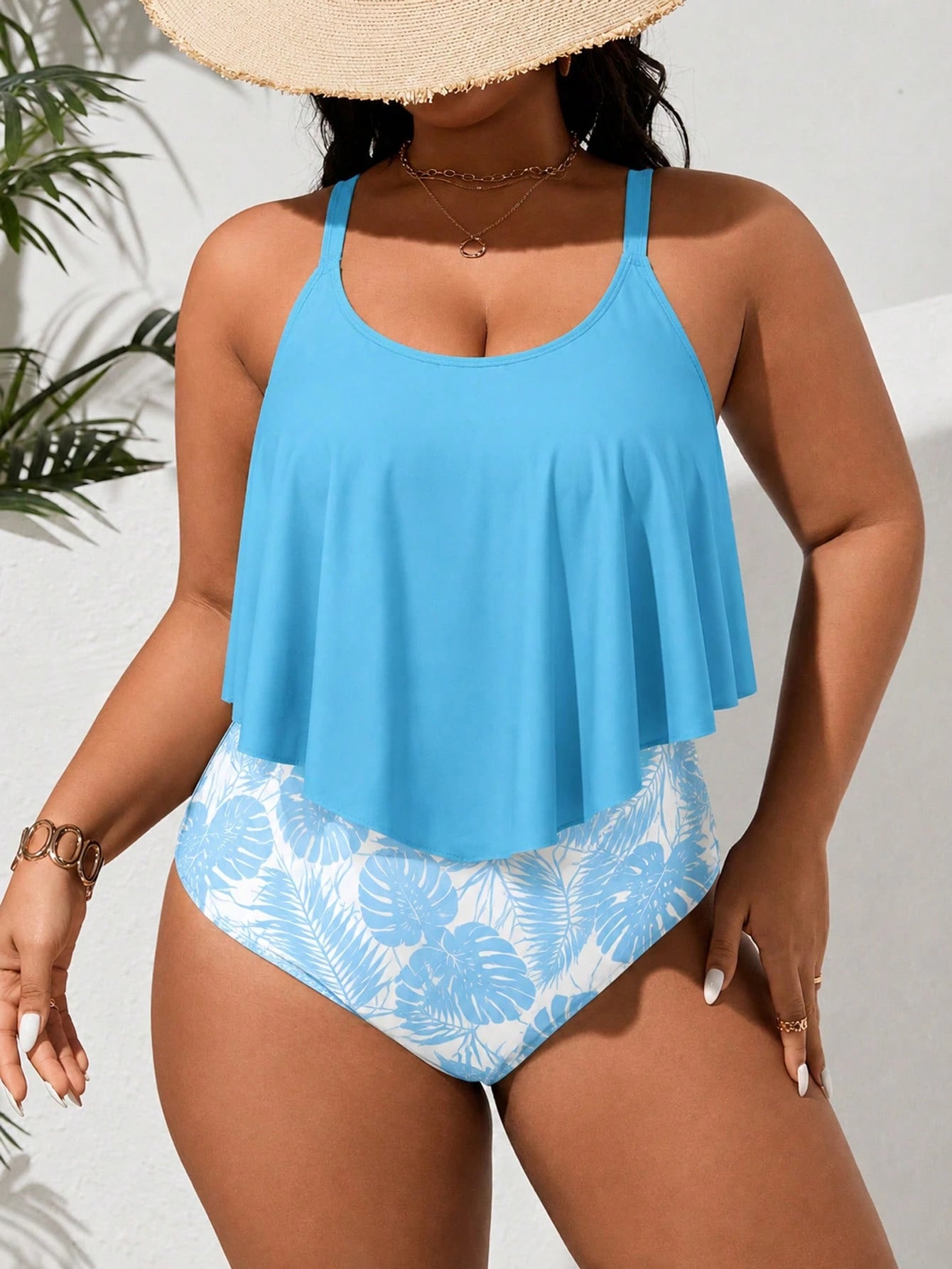 Swim Lushoire Plus Size Women's Leaf Print One-Piece Swimsuit, Suitable For Beach Vacation, Pool Party, Beach Party Blue And White Summer