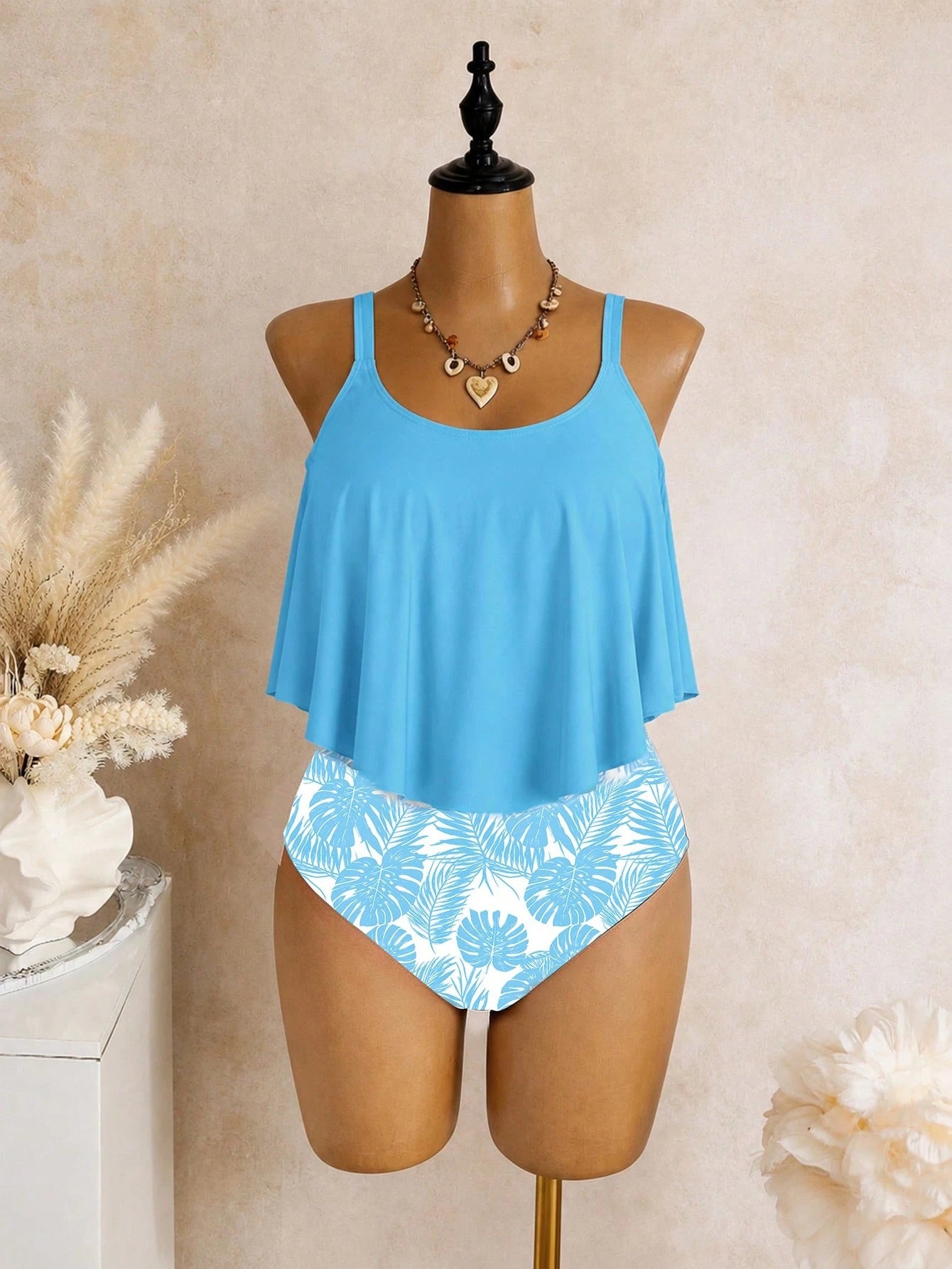 Swim Lushoire Plus Size Women's Leaf Print One-Piece Swimsuit, Suitable For Beach Vacation, Pool Party, Beach Party Blue And White Summer