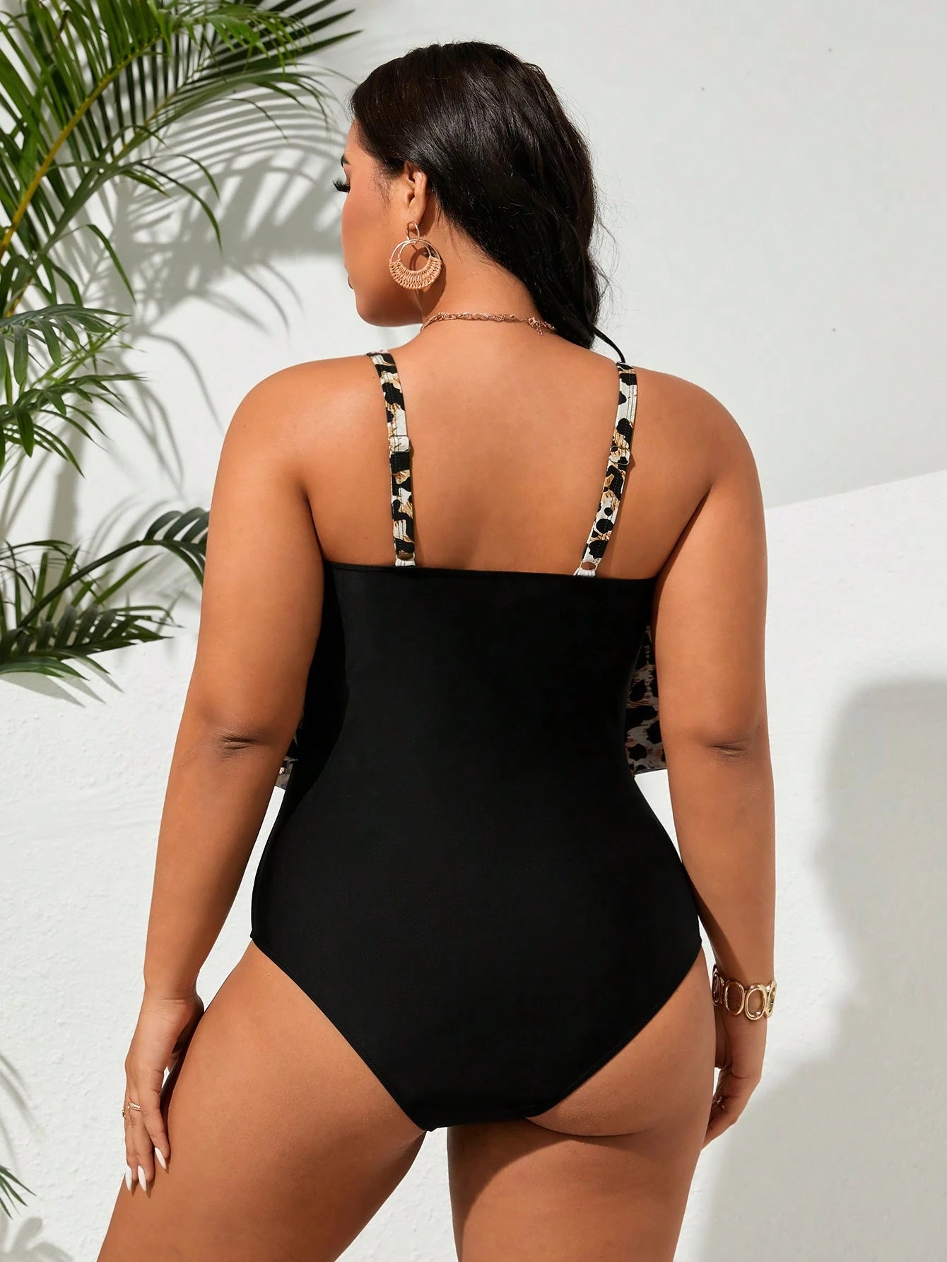 Swim Lushoire Plus Size Women's Leaf Print One-Piece Swimsuit, Suitable For Beach Vacation, Pool Party, Beach Party Blue And White Summer