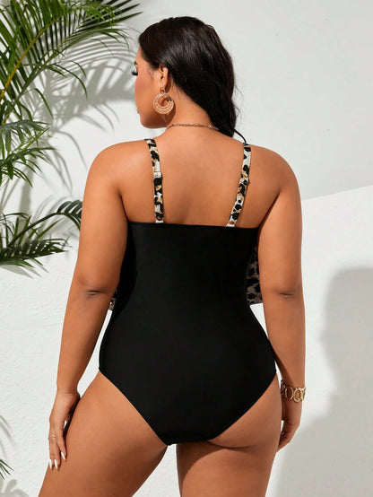 Swim Lushoire Plus Size Women's Leaf Print One-Piece Swimsuit, Suitable For Beach Vacation, Pool Party, Beach Party Blue And White Summer