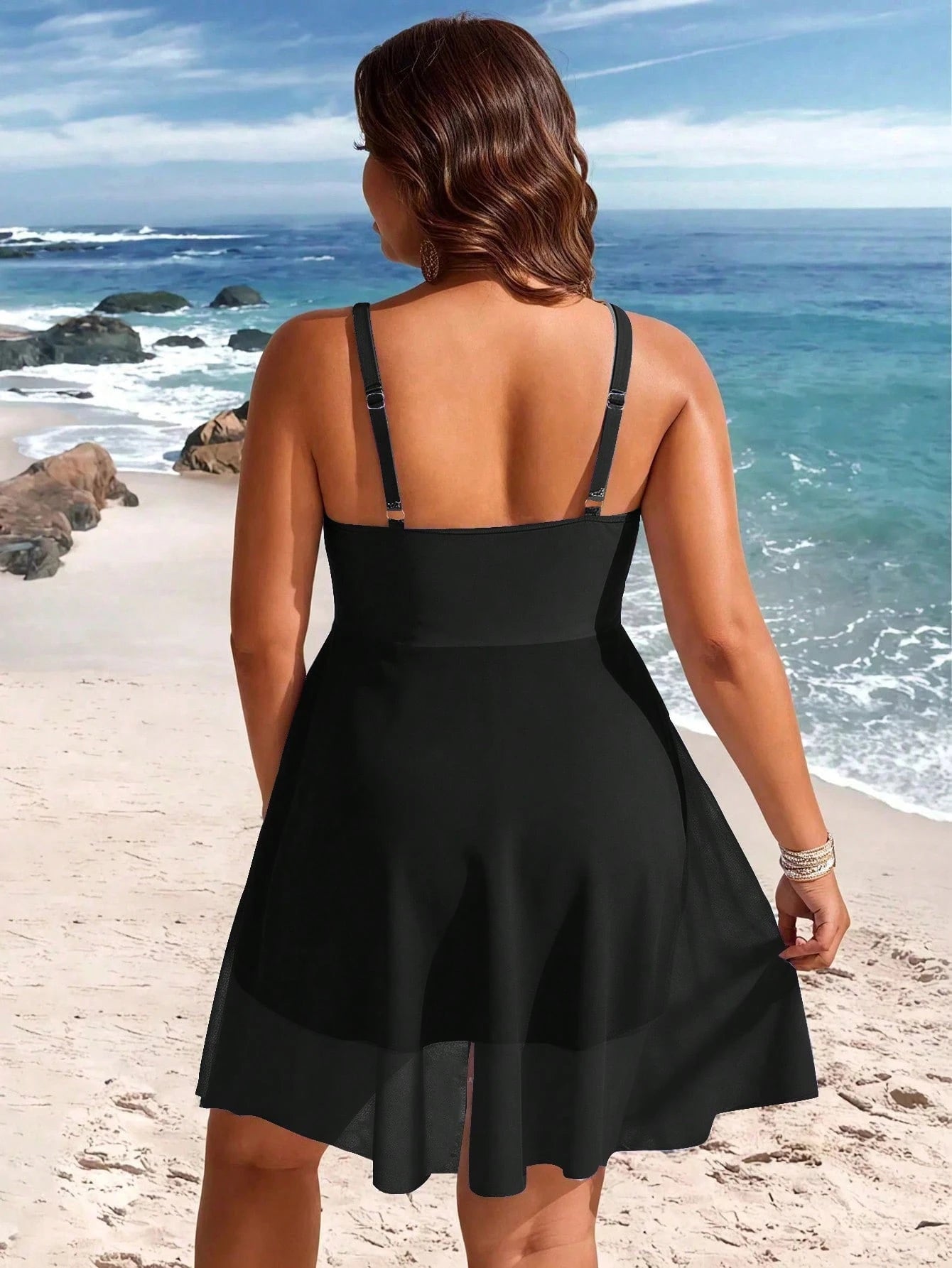 Swim Lushoire Plus Size Women's Print Contrast Mesh Strap One-Piece Swim Dress