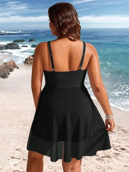 Swim Lushoire Plus Size Women's Print Contrast Mesh Strap One-Piece Swim Dress
