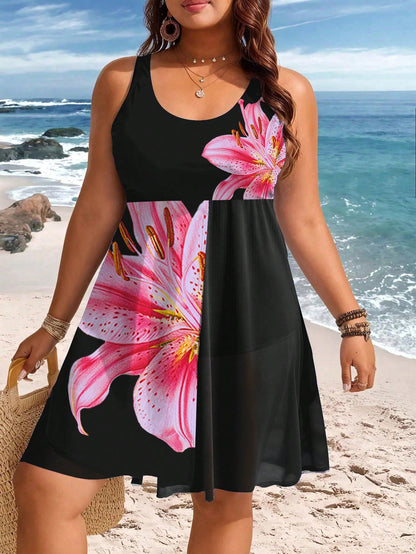 Swim Lushoire Plus Size Women's Print Contrast Mesh Strap One-Piece Swim Dress