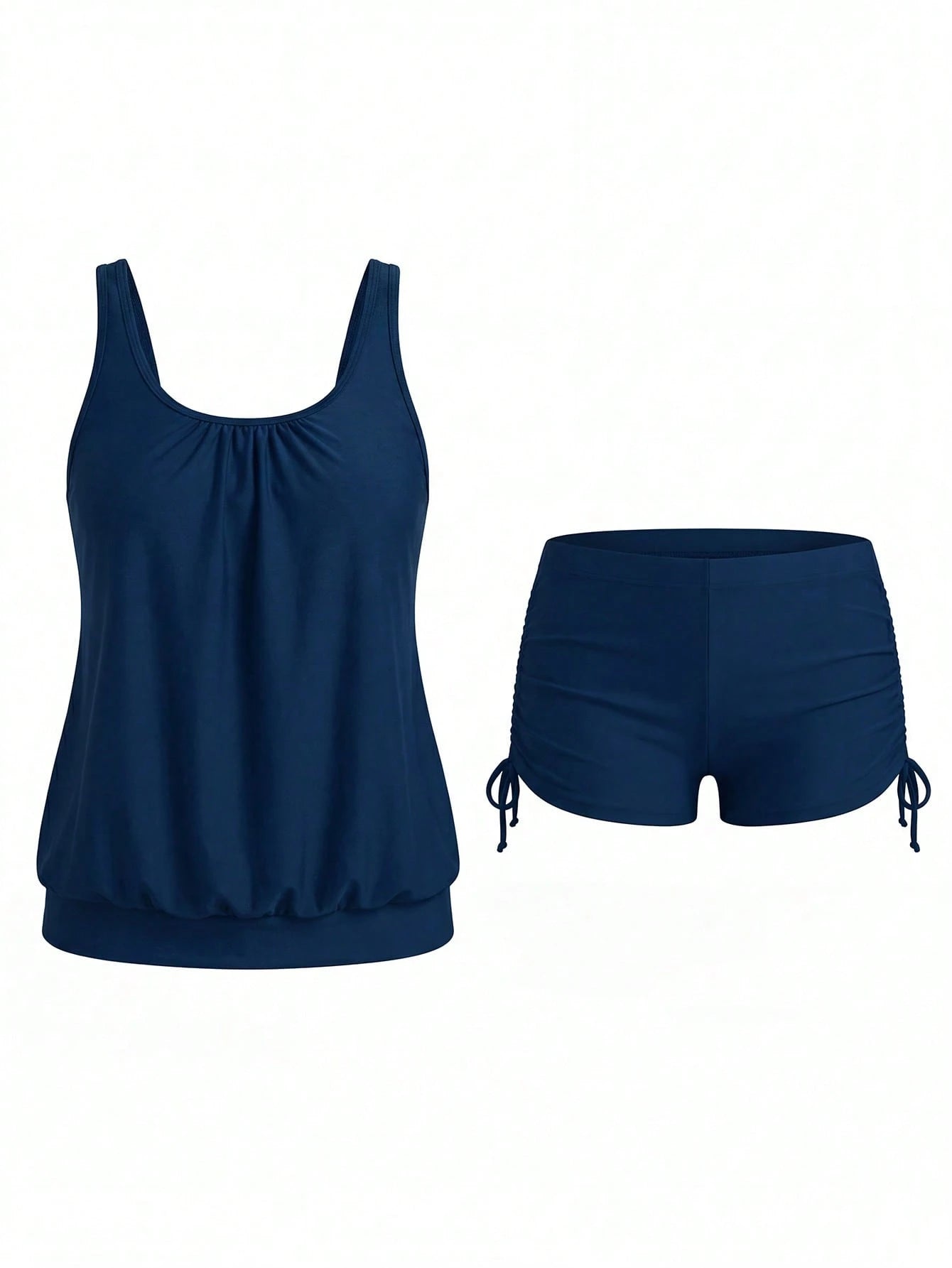 Swim Lushoire Plus Size Women's Simple Solid Color Round Neck Drawstring Ruched Tankini Swimwear, Summer Beach Holiday Style Plus Size Summer Set