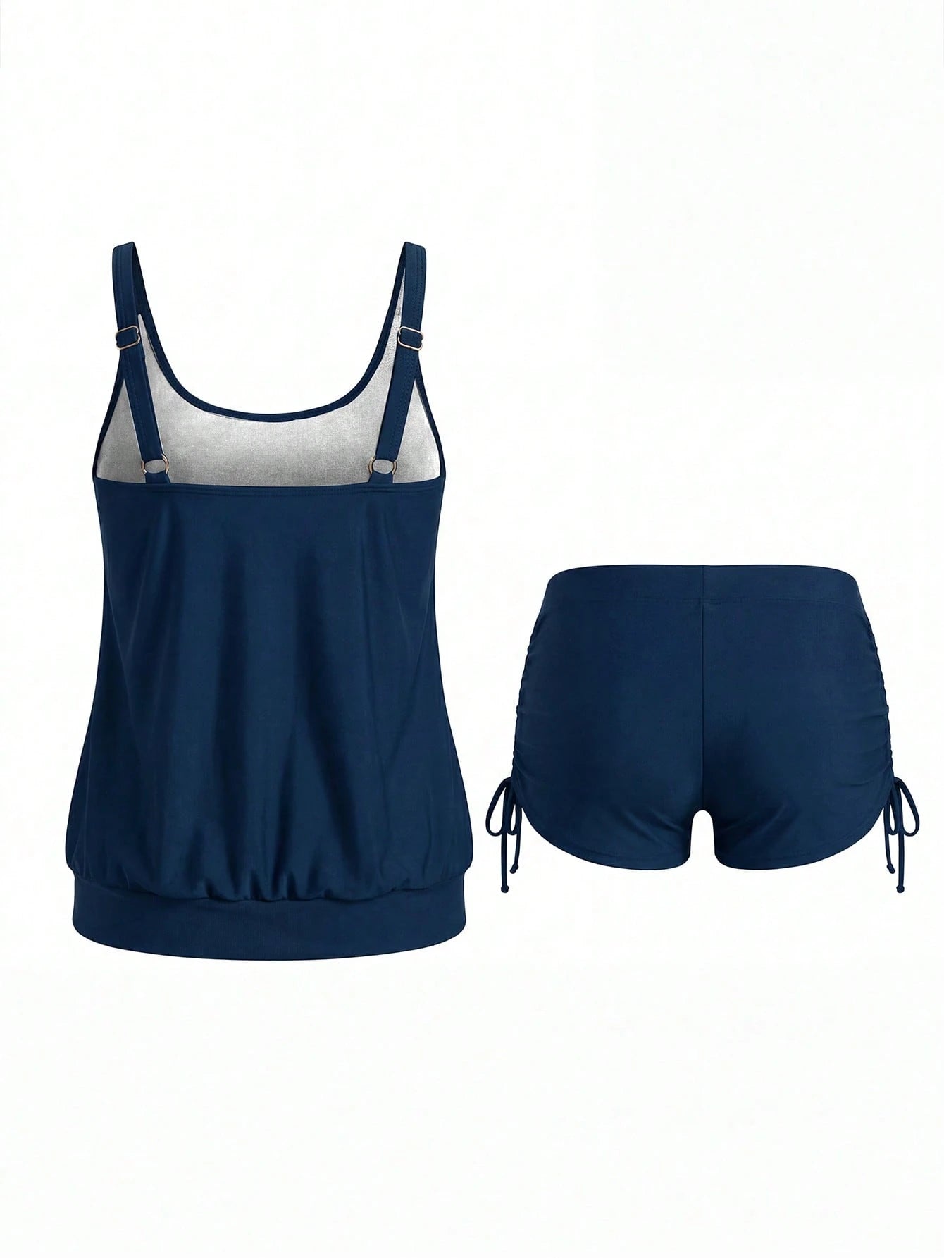 Swim Lushoire Plus Size Women's Simple Solid Color Round Neck Drawstring Ruched Tankini Swimwear, Summer Beach Holiday Style Plus Size Summer Set