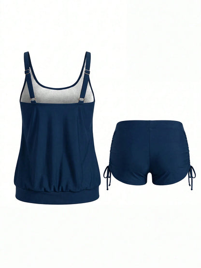 Swim Lushoire Plus Size Women's Simple Solid Color Round Neck Drawstring Ruched Tankini Swimwear, Summer Beach Holiday Style Plus Size Summer Set