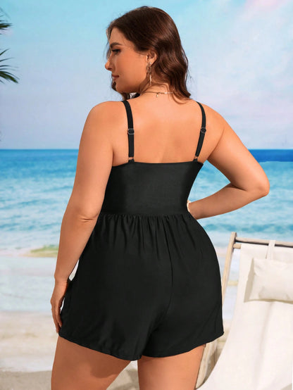 Swim Lushoire Plus Size Women's Solid Color Front Knot Casual One-Piece Swimsuit With Shorts For Beach Vacation,Summer Beach